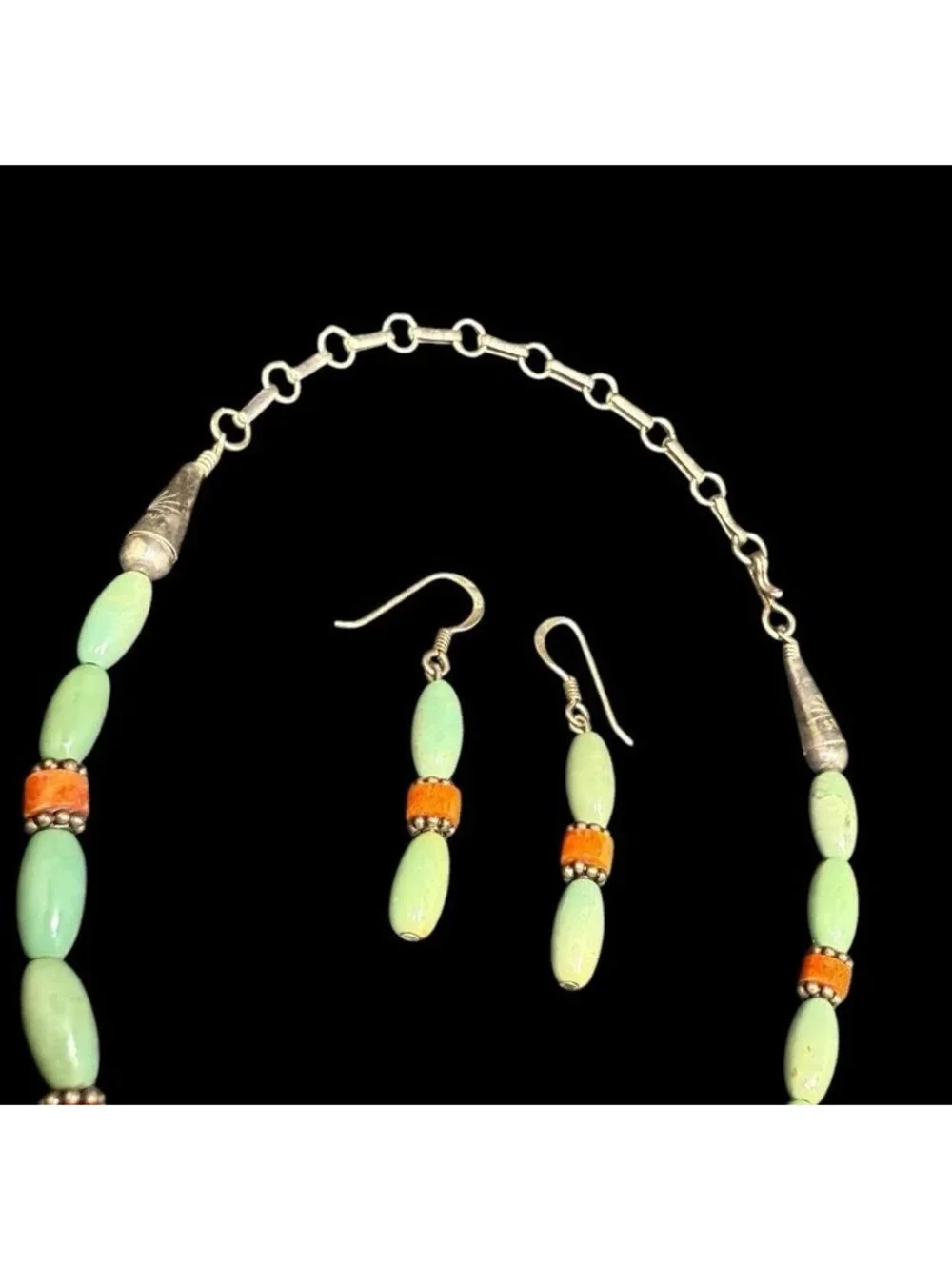 Native American Turquoise Coral Beaded Jewelry Set Necklace Earrings Ethnic